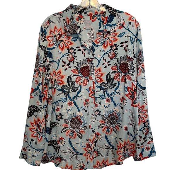 Chico's NEW Sandwash Satin Top Size 2 (Womens Large) Light Blue Paisley Floral - Picture 2 of 9